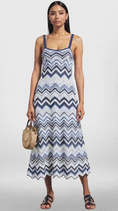 Chevron Knit Maxi Dress - Blue/White Zigzag - Summer
Resort Wear